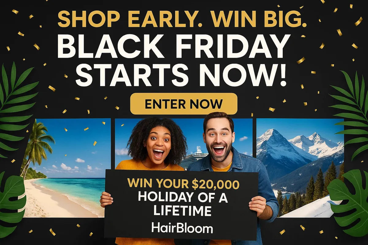 Black Friday banner showing promotion with smiling people, mountains background, and text 'Shop Early, Win Big. Black Friday Starts Now!
